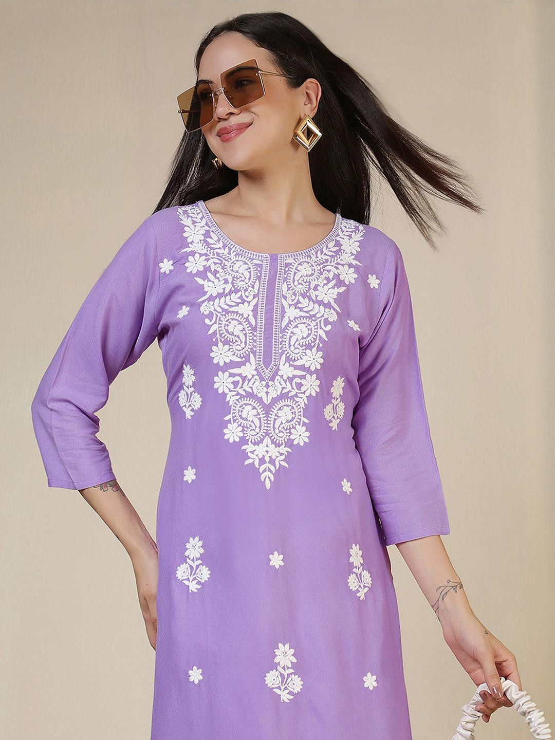Uparna Women Lavender Ethnic Motifs Embroidered Chikankari Kurta