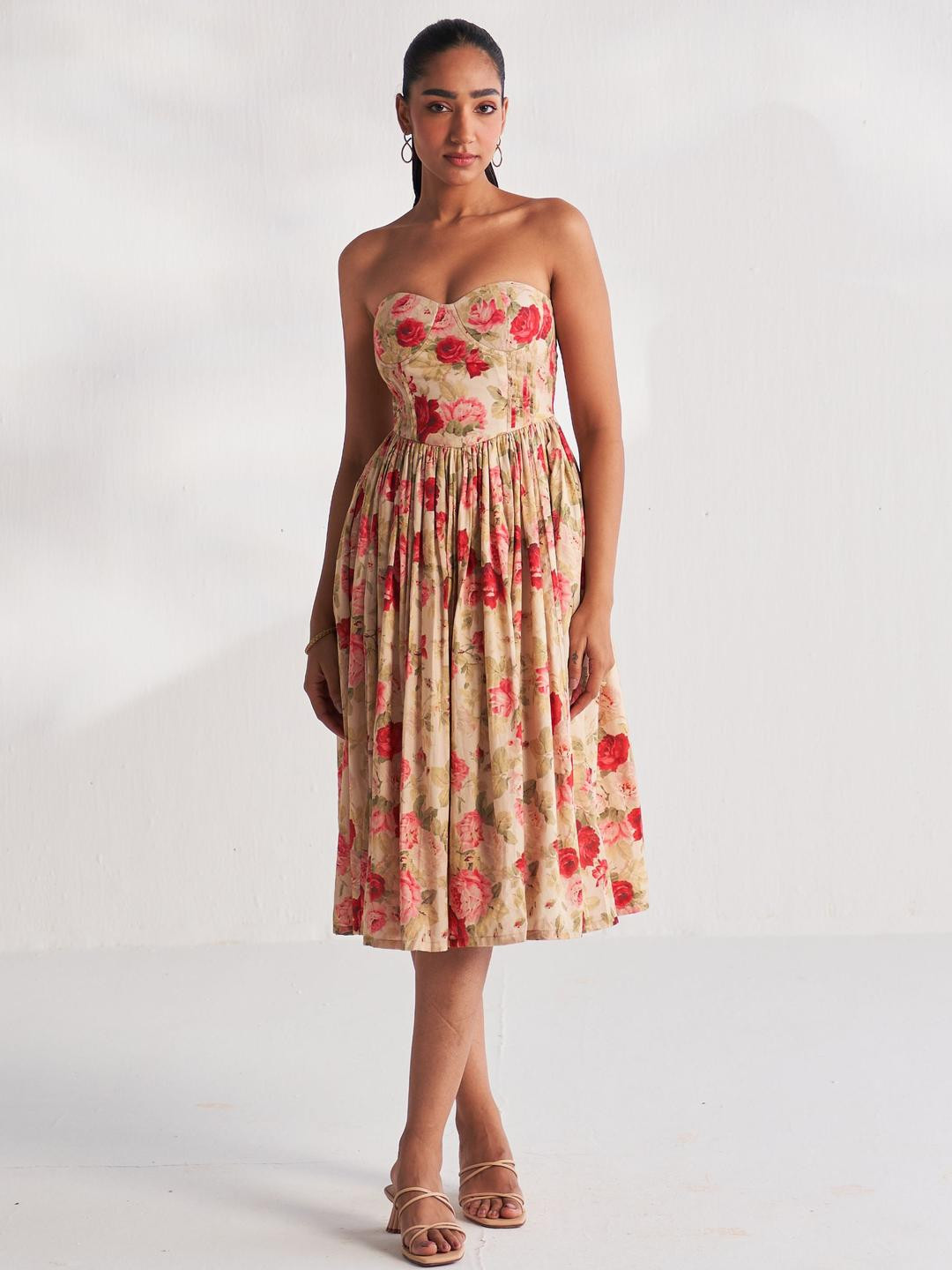 ROZE Women Beige Floral Fit & Flare Dress