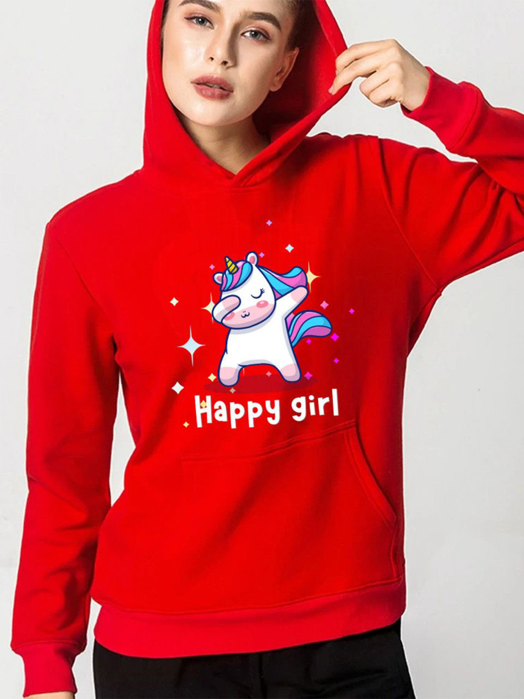 Povaxpo Women Happy Girl Graphic Hooded Sweatshirt
