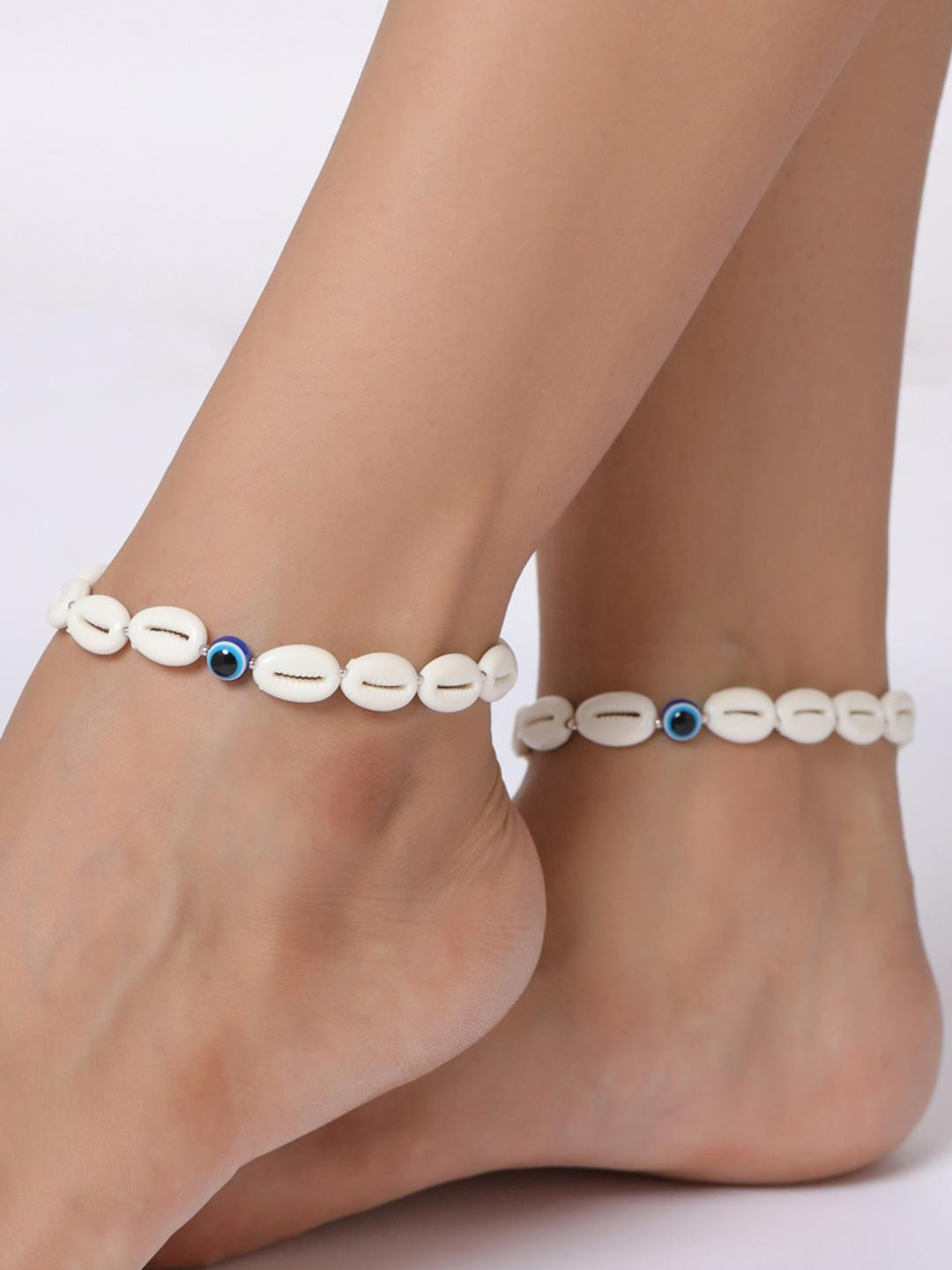 Samsiddhi Silver-Plated Adjustable Sea Shell Evil Eye Beads Anklet