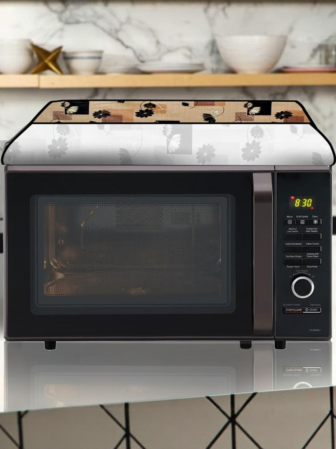 The Furnishing Tree PVC Waterproof Microwave Oven Cover Compatible for LG 28L MC2886BLT Lotus Patte