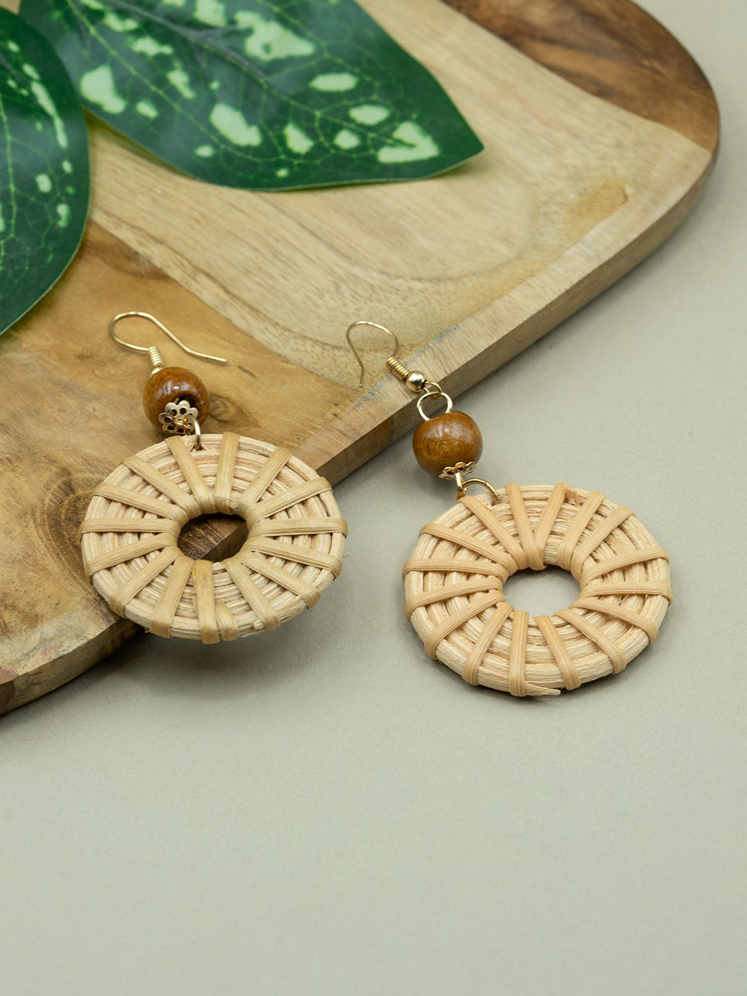 ARTKLIM Artificial Beaded Wooden Cane Circular Dangle Drop Earrings