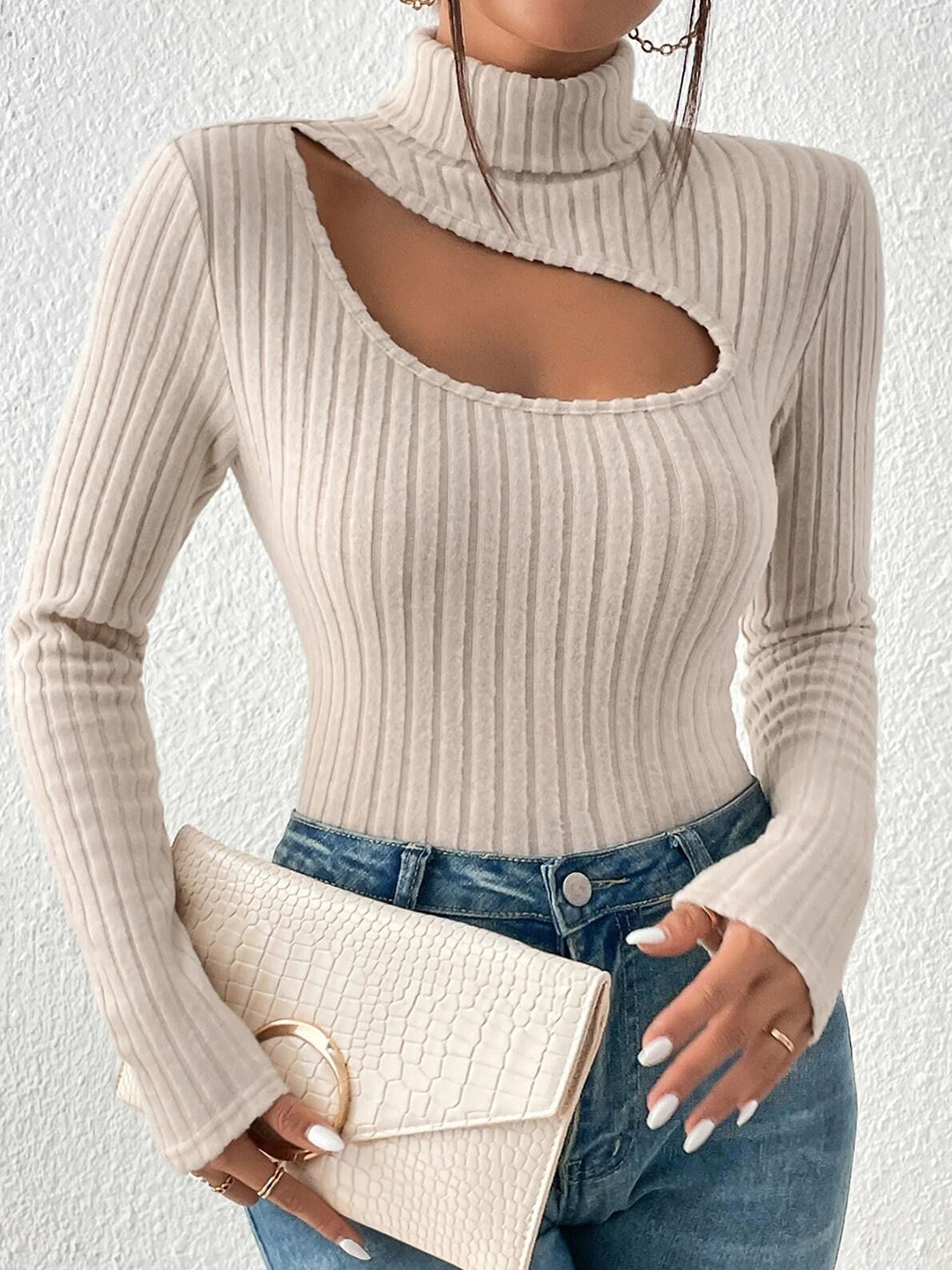 Outzidr Women Vertical Stripes Striped Cut Out High Neck Fitted Crop Top