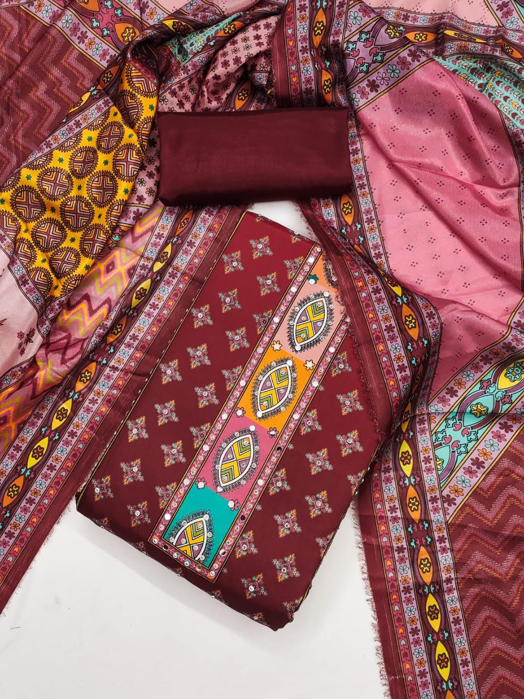 SWARNGANGA TEX Abstract Printed Beads & Stones Silk Unstitched Dress Material