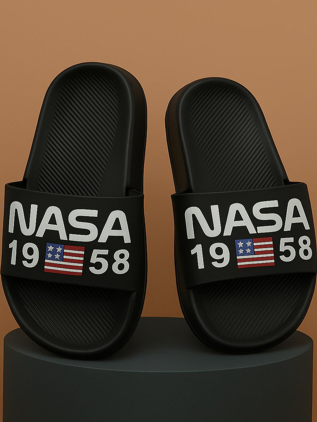 ABJ Fashion Men Black Casual Nasa 1958 Printed Sliders