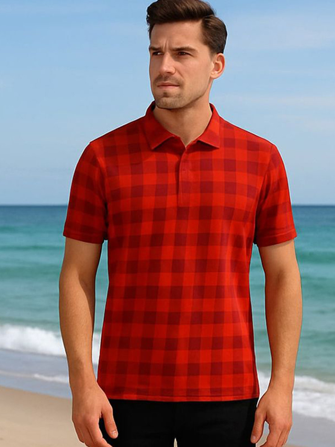 SZN Rust and Black Checked Polo Collar T-shirt