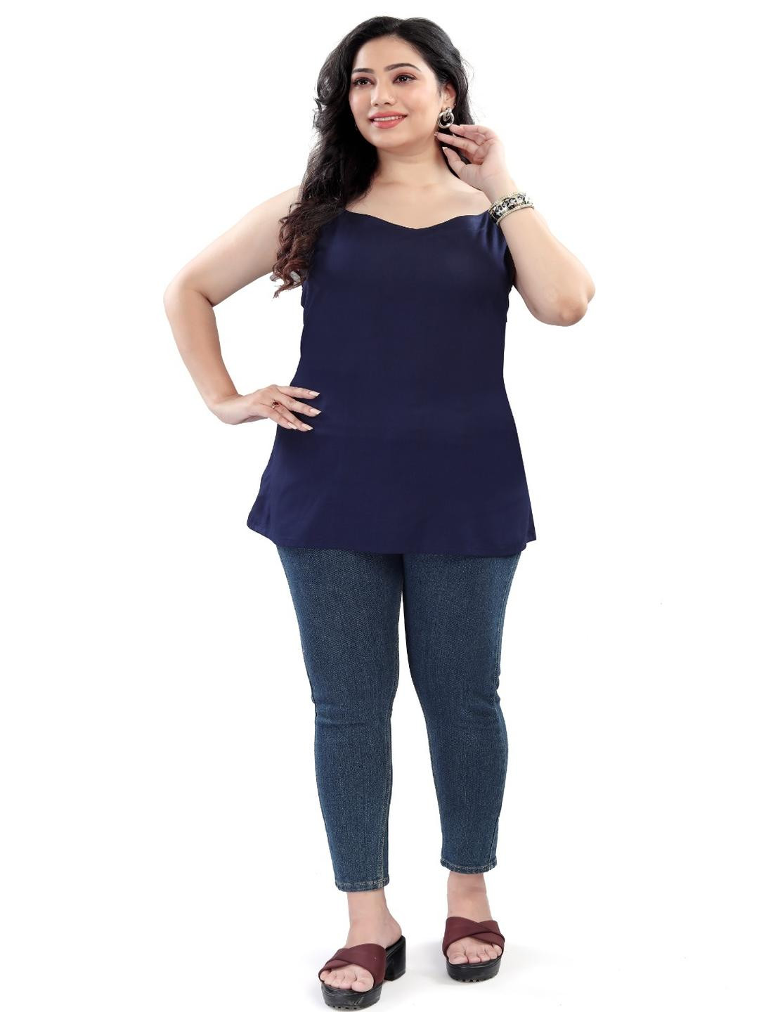 Avantrys Women Navy Blue Sleeveless Viscose Rayon Tunic