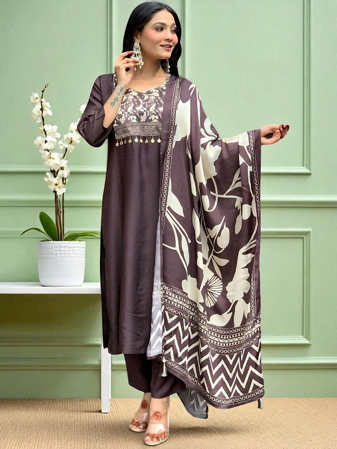 SangriaFloral Floral Printed Yoke Or Border Straight Kurta With Trouser And Dupatta