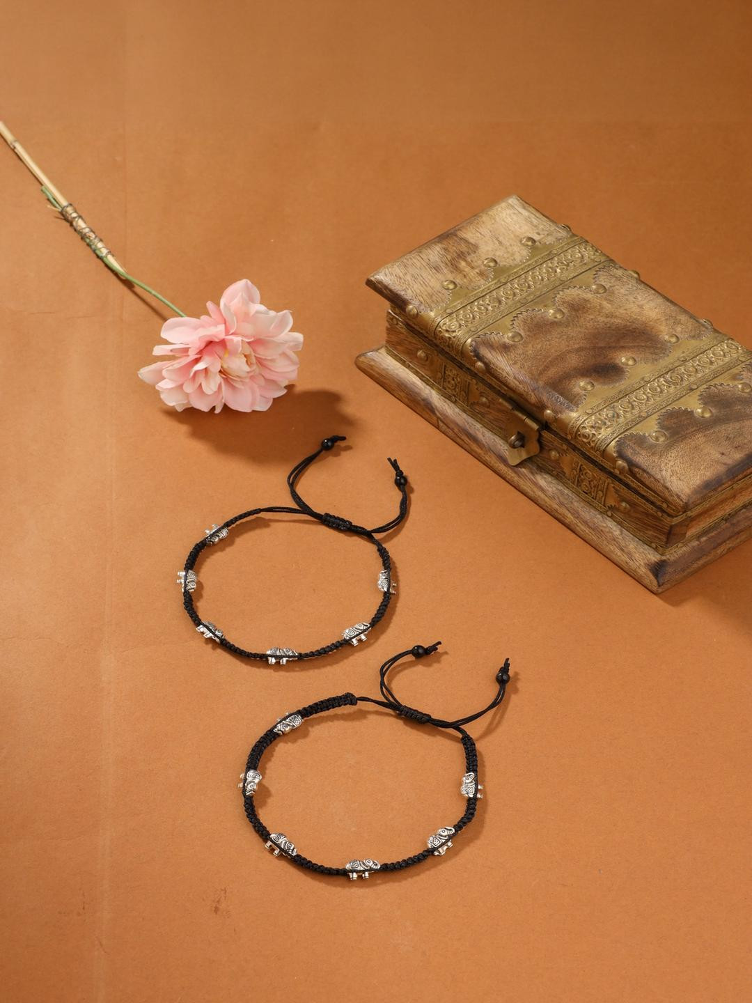 Samsiddhi Women Black Thread & Silver-Plated Anklets