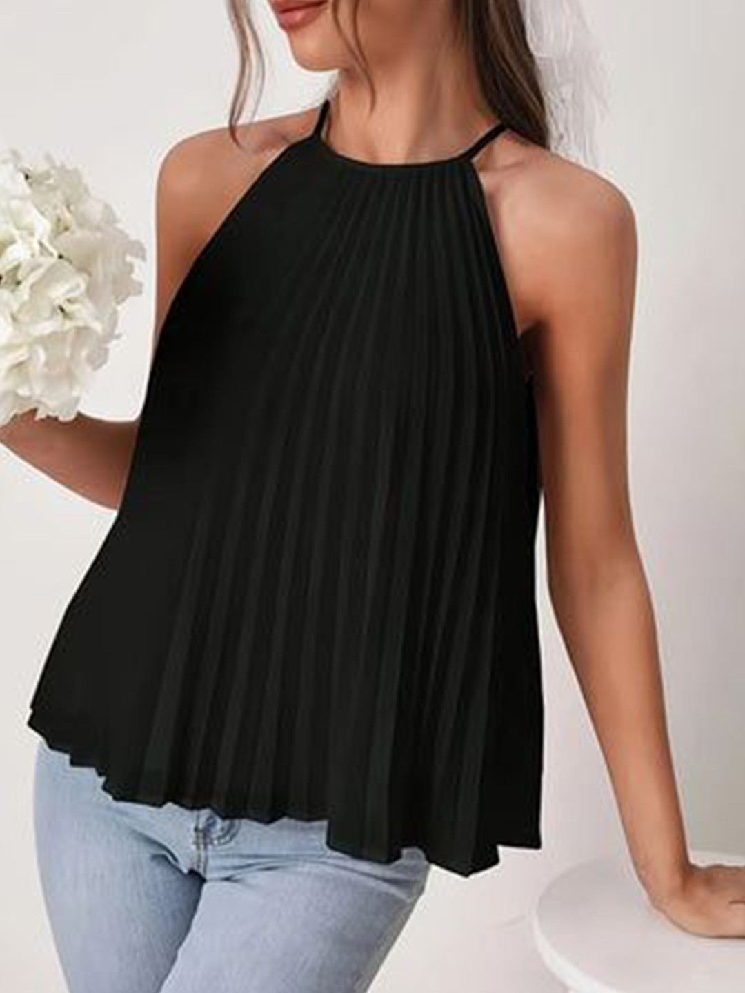 Outzidr  Women Halter Neck Pleated Blouson Top
