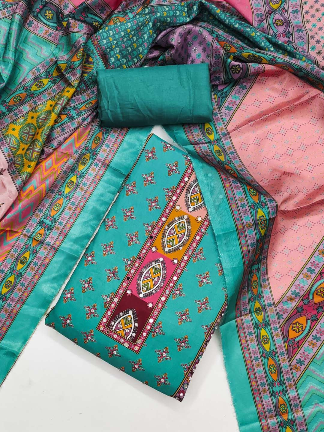 SWARNGANGA TEX Abstract Printed Beads & Stones Silk Unstitched Dress Material