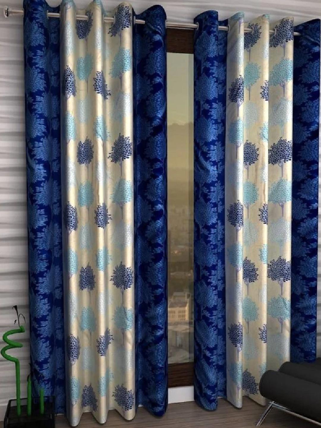 BELLA TRUE 270 cm (9 ft) Polyester Semi Transparent Long Door Curtain (Pack Of 2) (Self Design, Blue Paan)