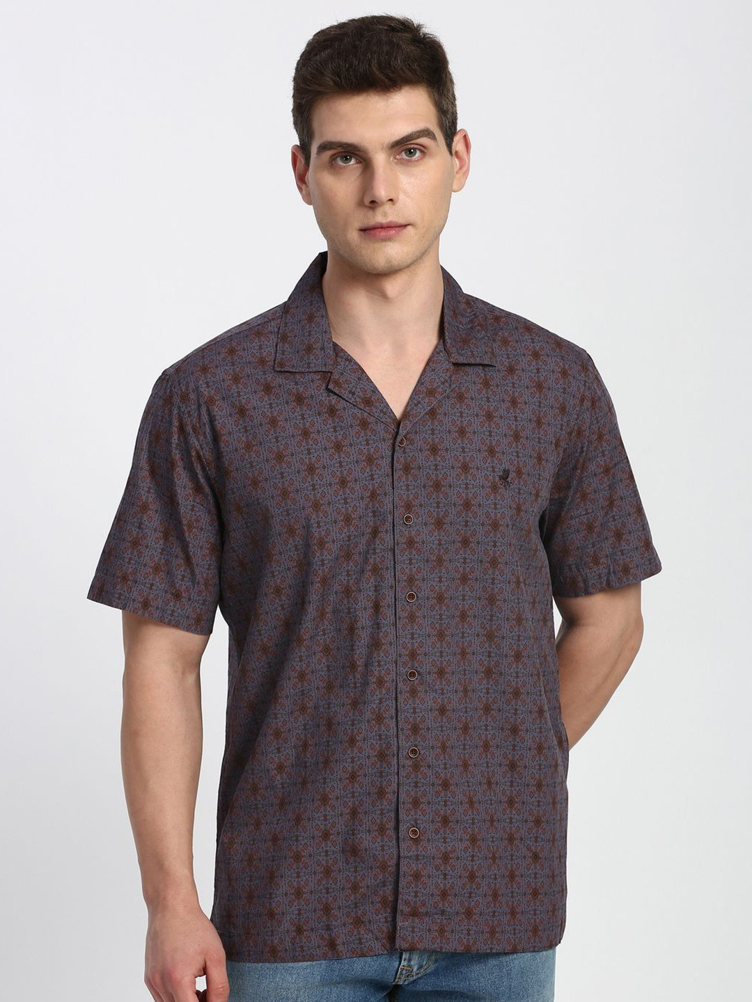 Peter England Casuals Ethnic Motifs Printed Spread Collar Pure Cotton Slim Fit Shirt