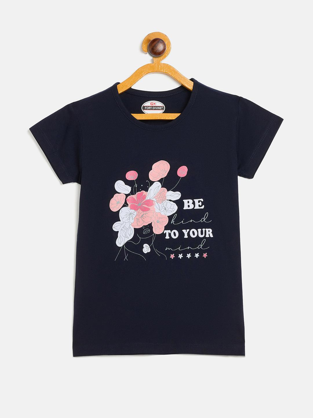 Fort Divine girls Flowers with Wording printed top NAVY