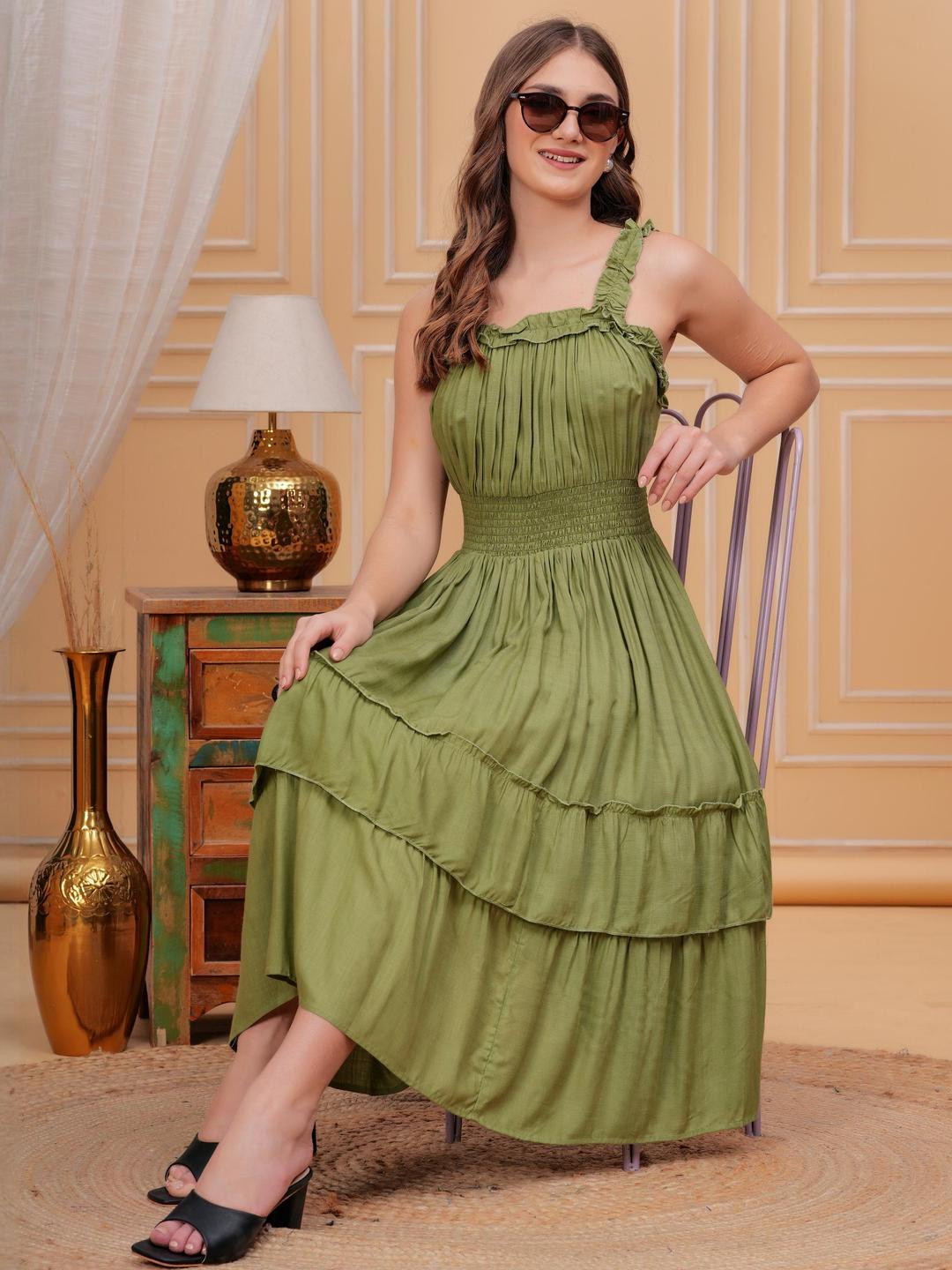 Jyoti Women Green Viscose Rayon Solid Shirred Tiered Midi Dress