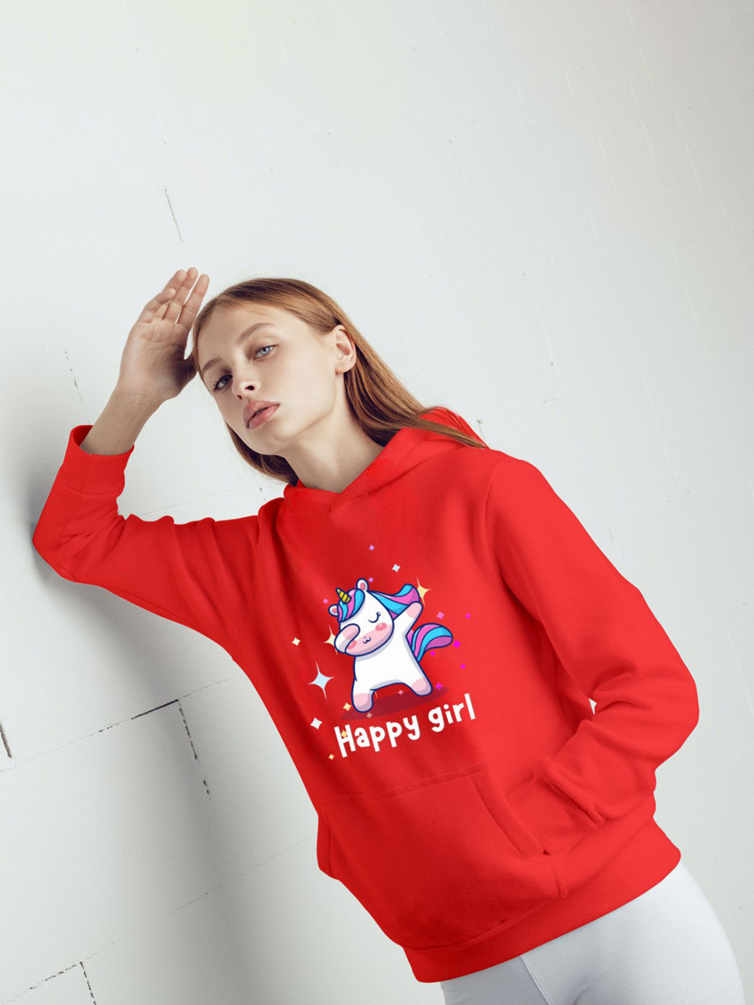 Povaxpo Women Happy Girl Graphic Hooded Sweatshirt