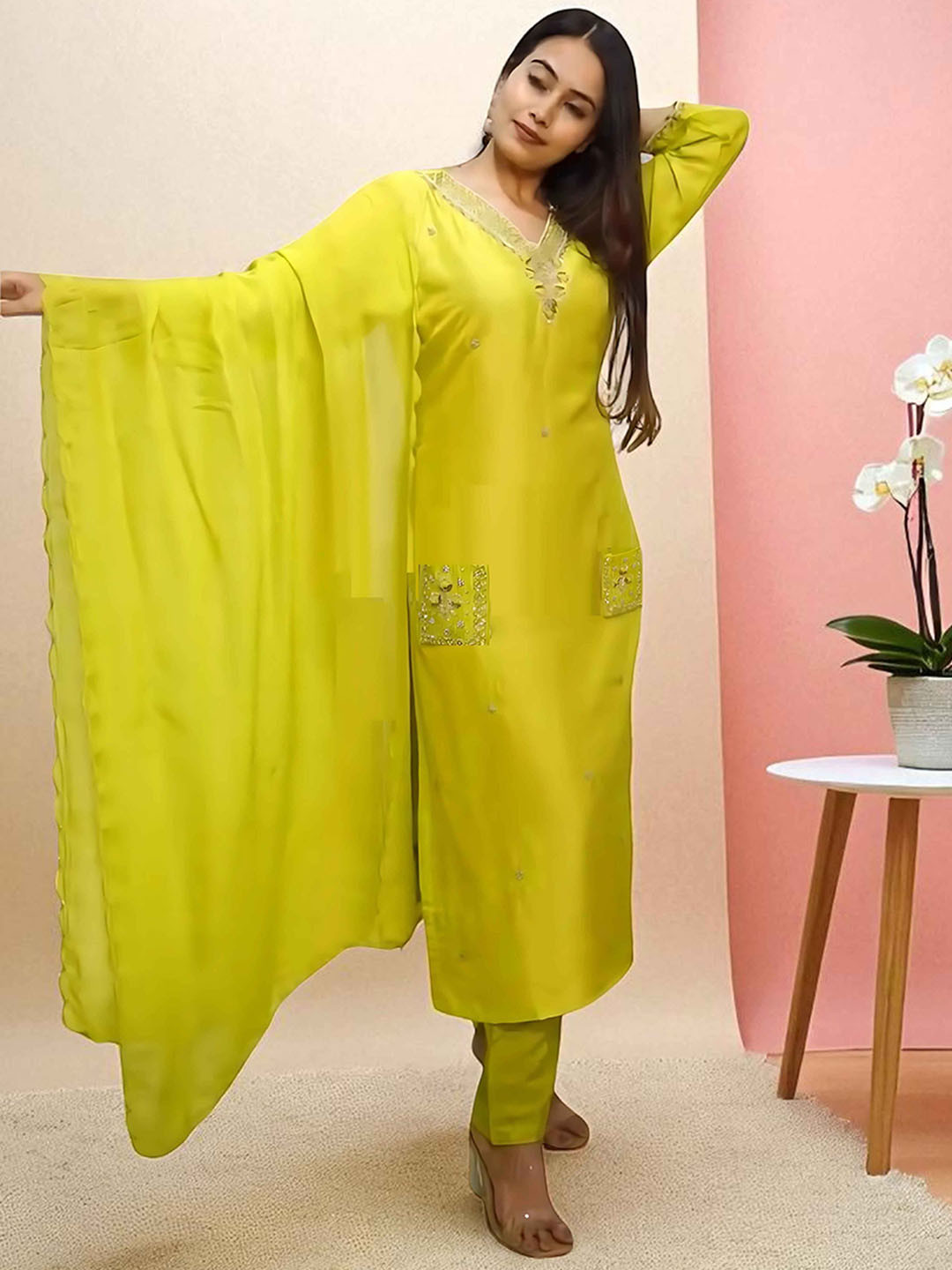 Sangria Women Embroidered Straight Pure Cotton Kurta & Pyjamas With Dupatta