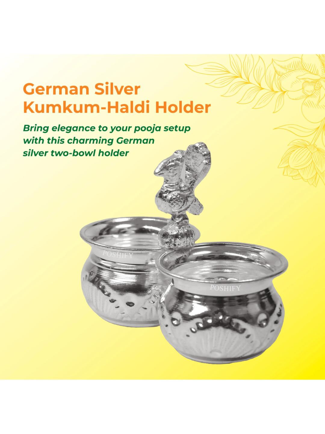 POSHIFY Kumkum Haldi Pure German Silver Two Attached Bowls and Handle for Pooja