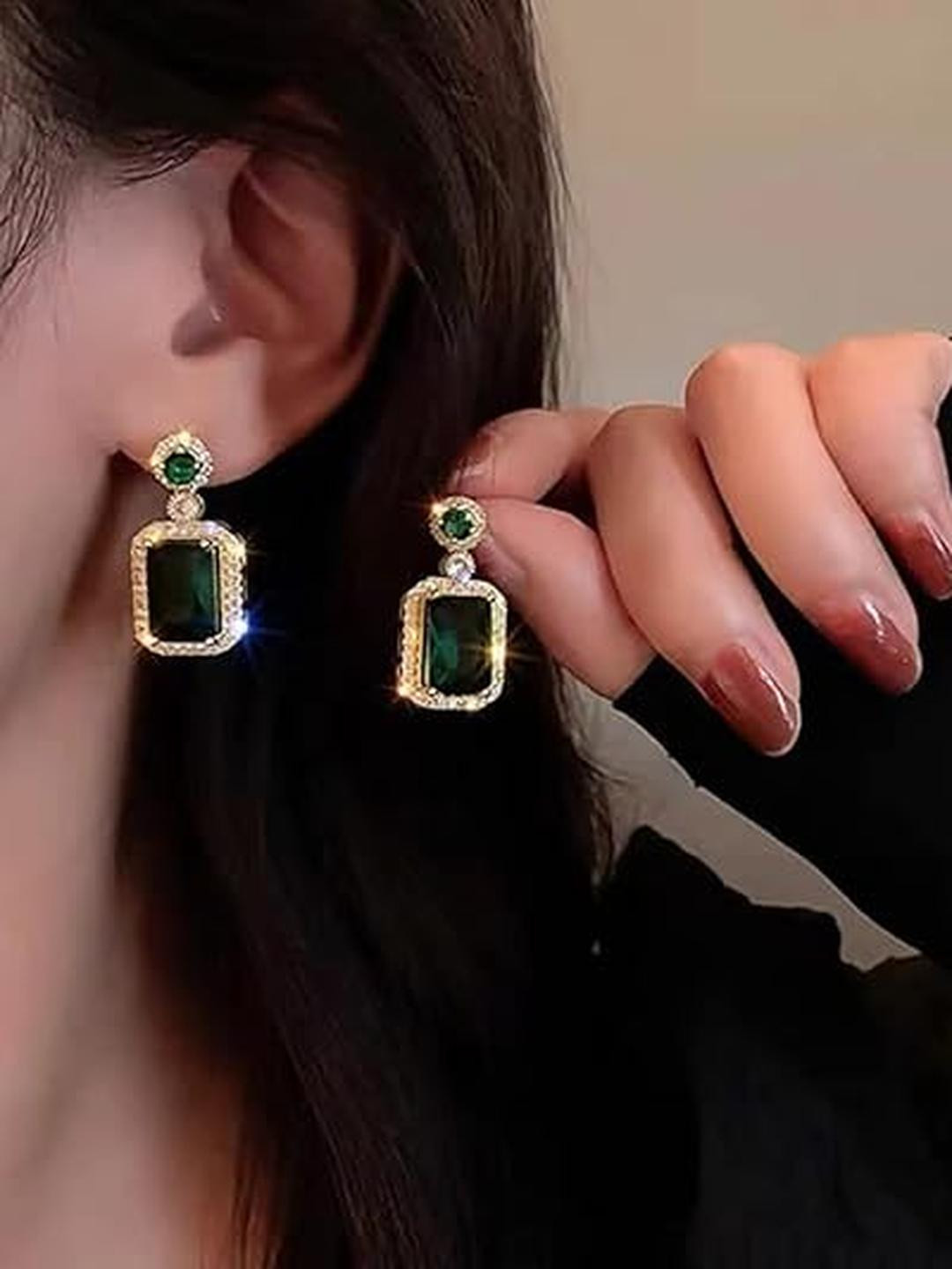 Aurelva Women Green Crystal Gold-Plated Rhinestone Halo Drop Earrings