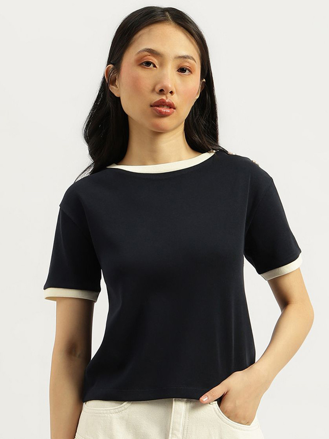 United Colors of Benetton Women Textured Monochrome Pure Cotton Top