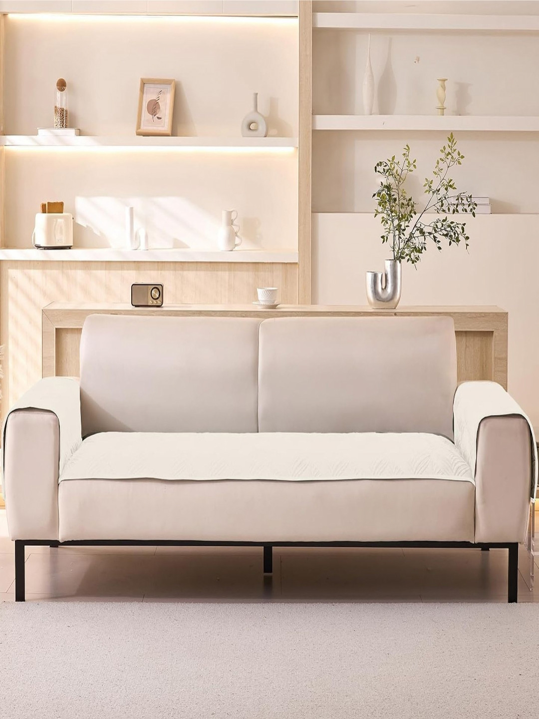 HOUSE OF QUIRK Cream-Coloured Self Design Velvet 1 Seater Sofa Cover Set