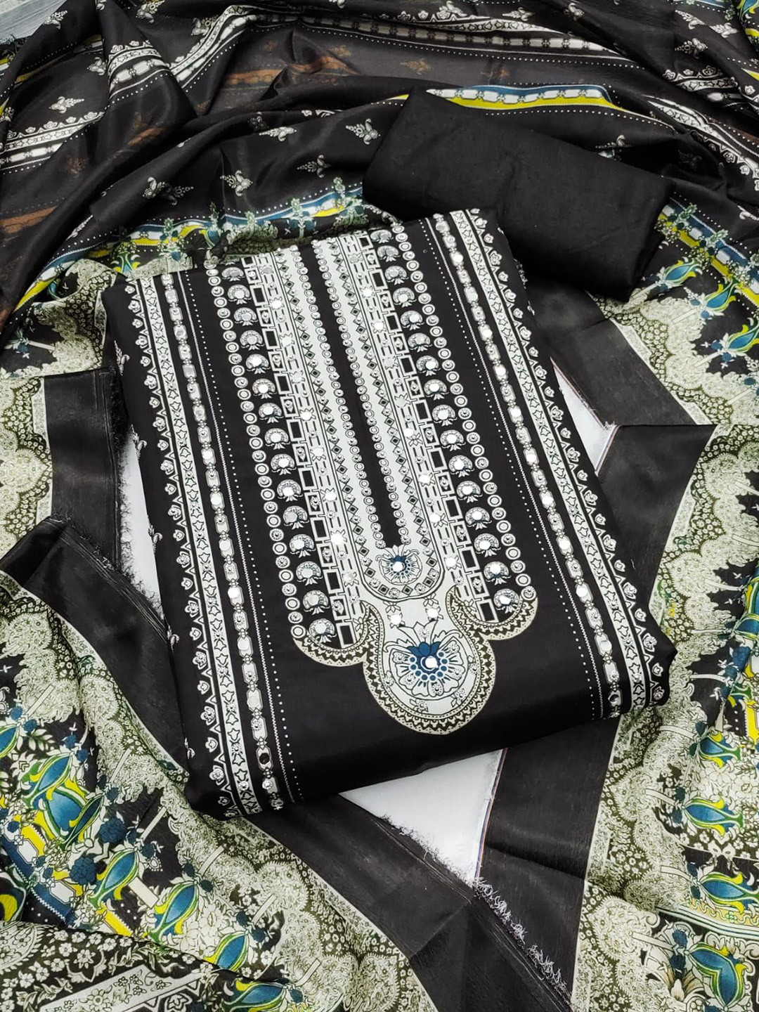 SWARNGANGA TEX Ethnic Motifs Printed Mirror Work Georgette Unstitched Dress Material