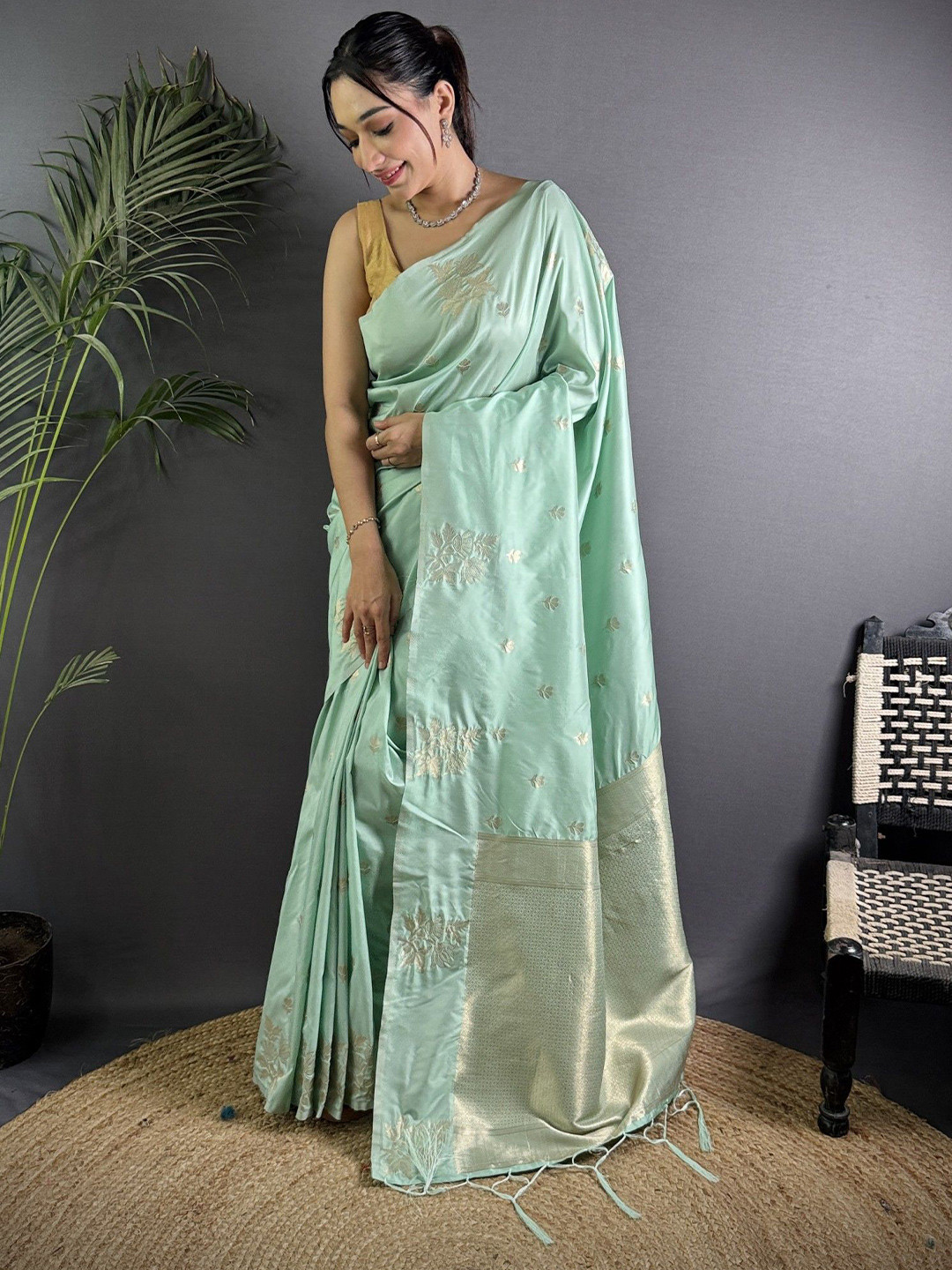 KALINI Woven Design Soft Lichi Silk Saree With Flower Weaving And Matching Blouse Piece