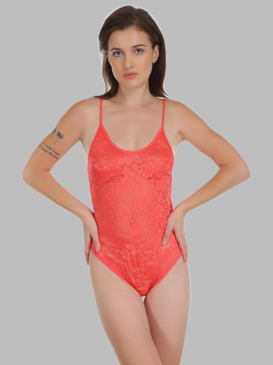 Samvar Women Red Net Lace Self-Design Baby Doll with High-Low Nightdress