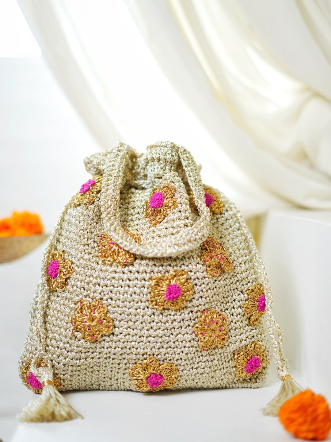 ITIHASIKALA Phoolkari Bowling Handheld Crochet Potli Bag