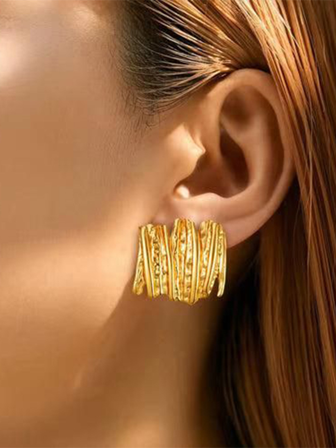 THEPANDASTOREE 18KT Gold Plated Stainless Steel Waterproof Ripple Textured Drop Earrings