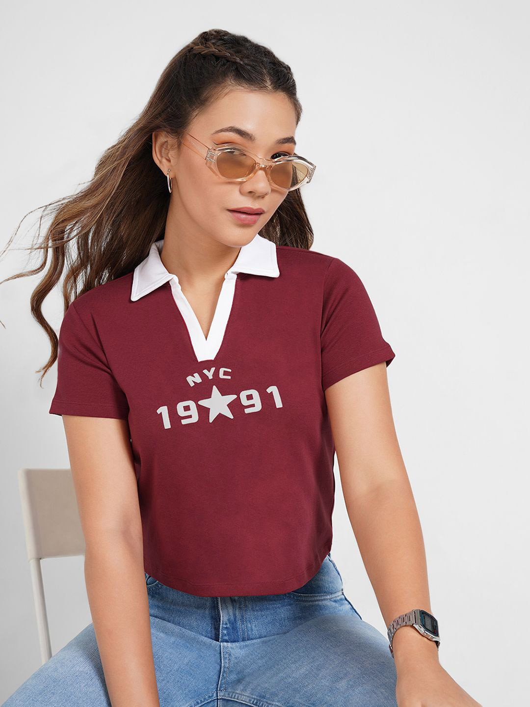 SF JEANS by Pantaloons Women Printed Polo Coller Slim Fit T-Shirts