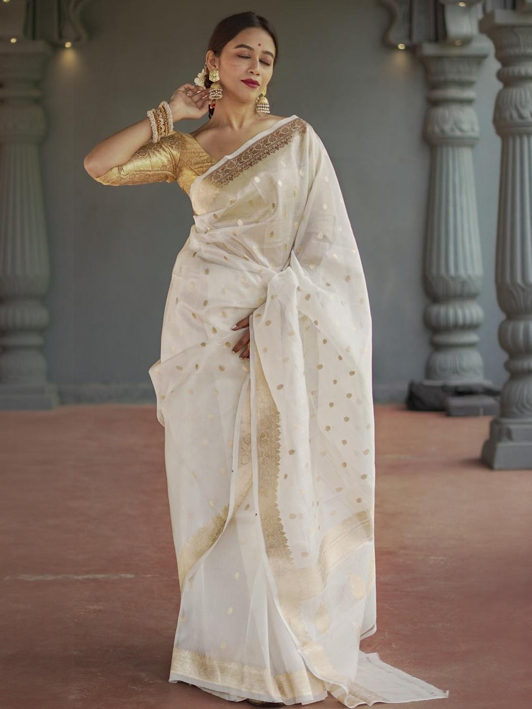 SHOPONBIT White Poly Silk NA Sarees