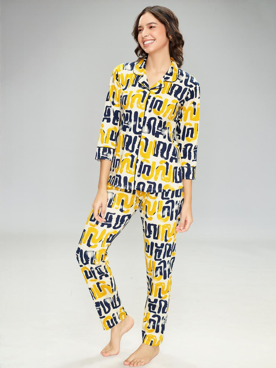 Lotik Women Yellow And Blue Printed Shirt Collar Three-Quarter Sleeves Cotton Night suit