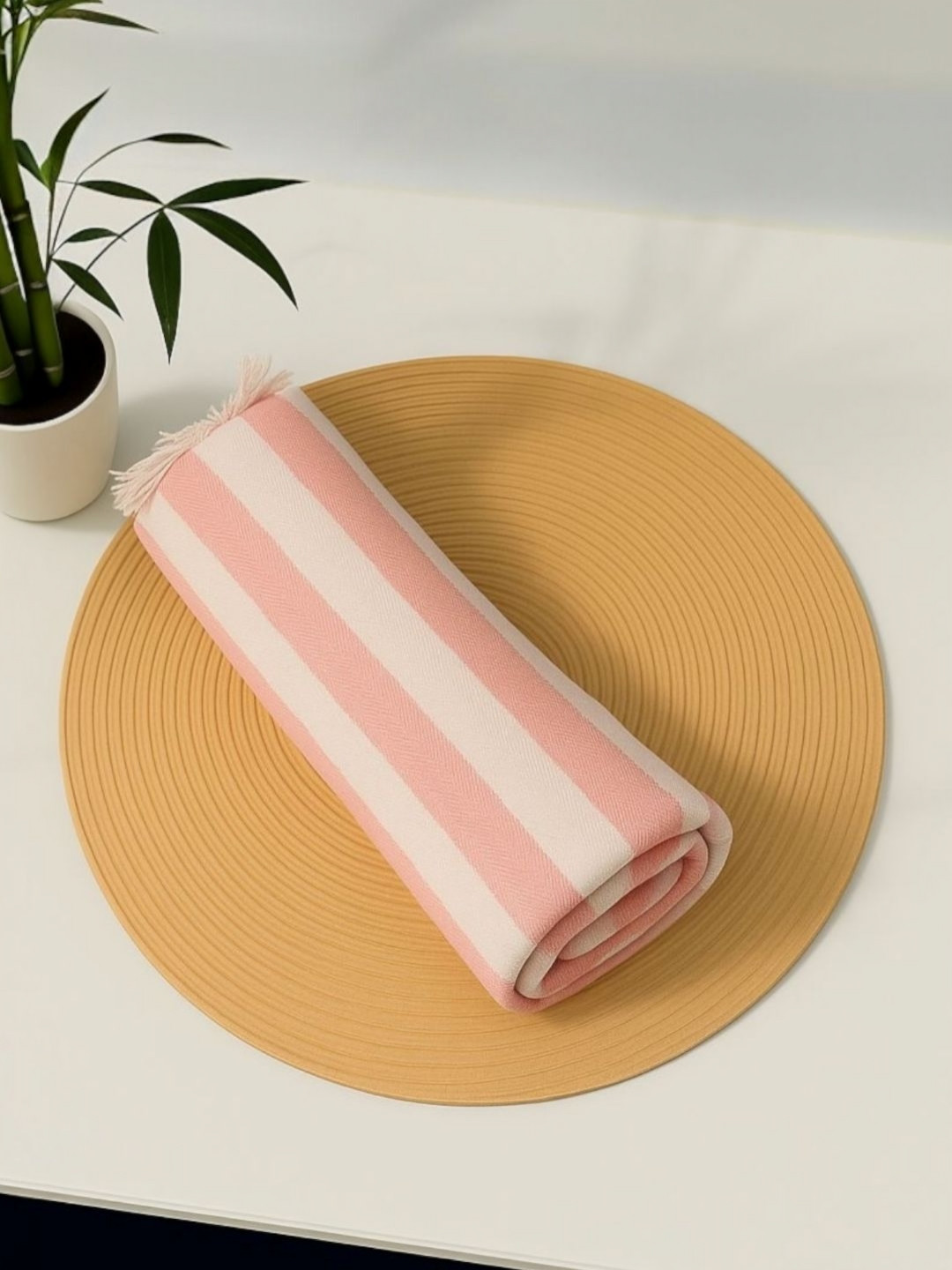 Triani Peach-Coloured & White Striped Bamboo 250 GSM Bath Towel
