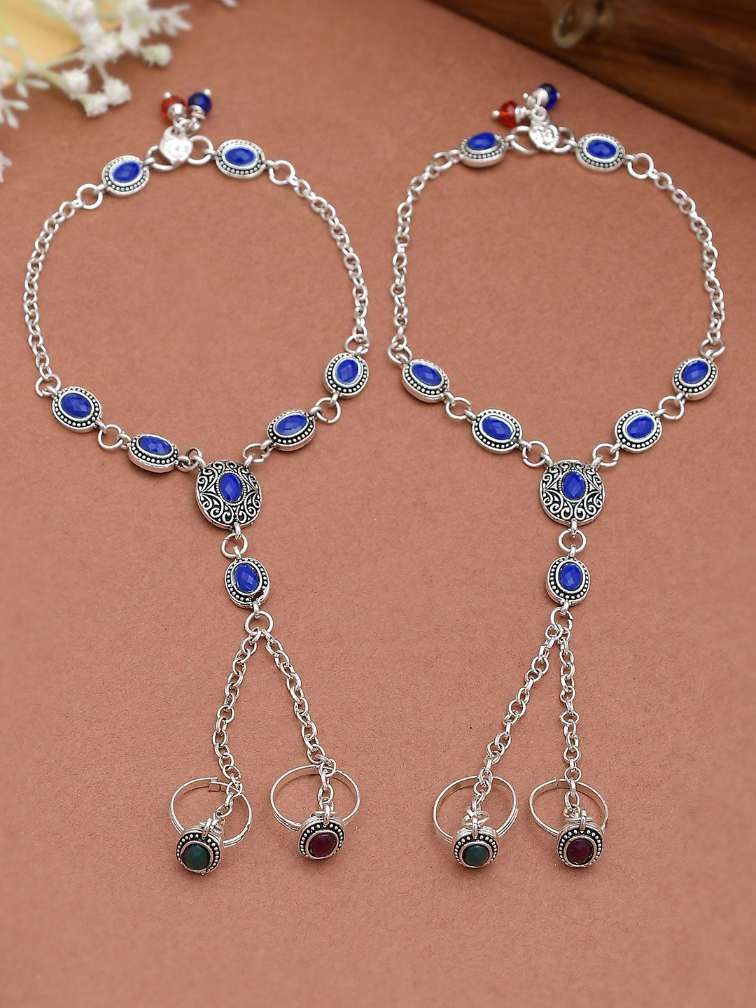 Silvermerc Designs Silver-Plated Stones Studded Anklet with Chained Double Toe Ring