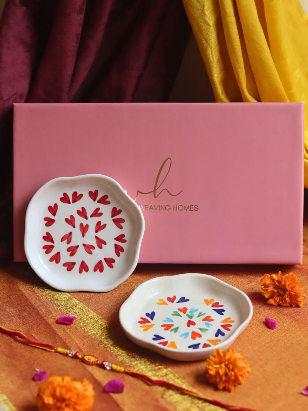 WEAVING HOMES Stone Studded & Beaded Thread Rakhi With Dessert Plates