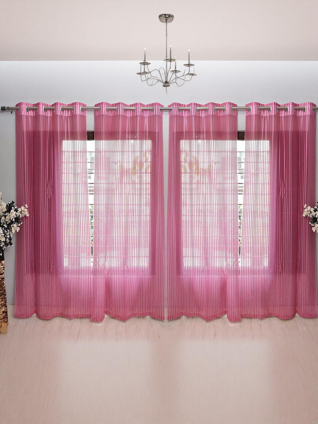 BELLA TRUE 270 cm (9 ft) Tissue Transparent Long Door Curtain (Pack Of 4) (Self Design, Pink)