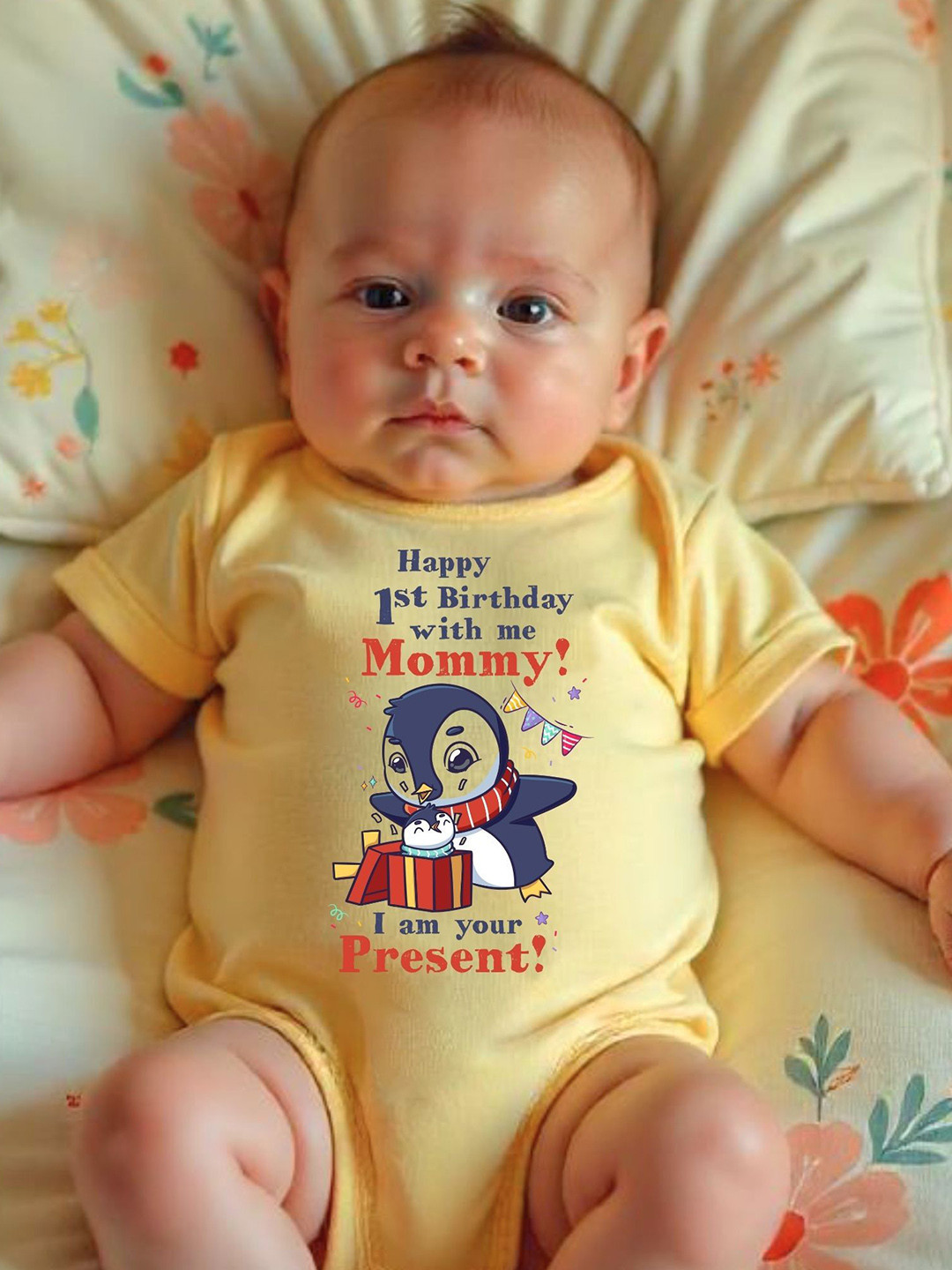 YK Infants Happy 1st Birthday With Me Mommy! I Am Your Present! Printed Cotton Bodysuit