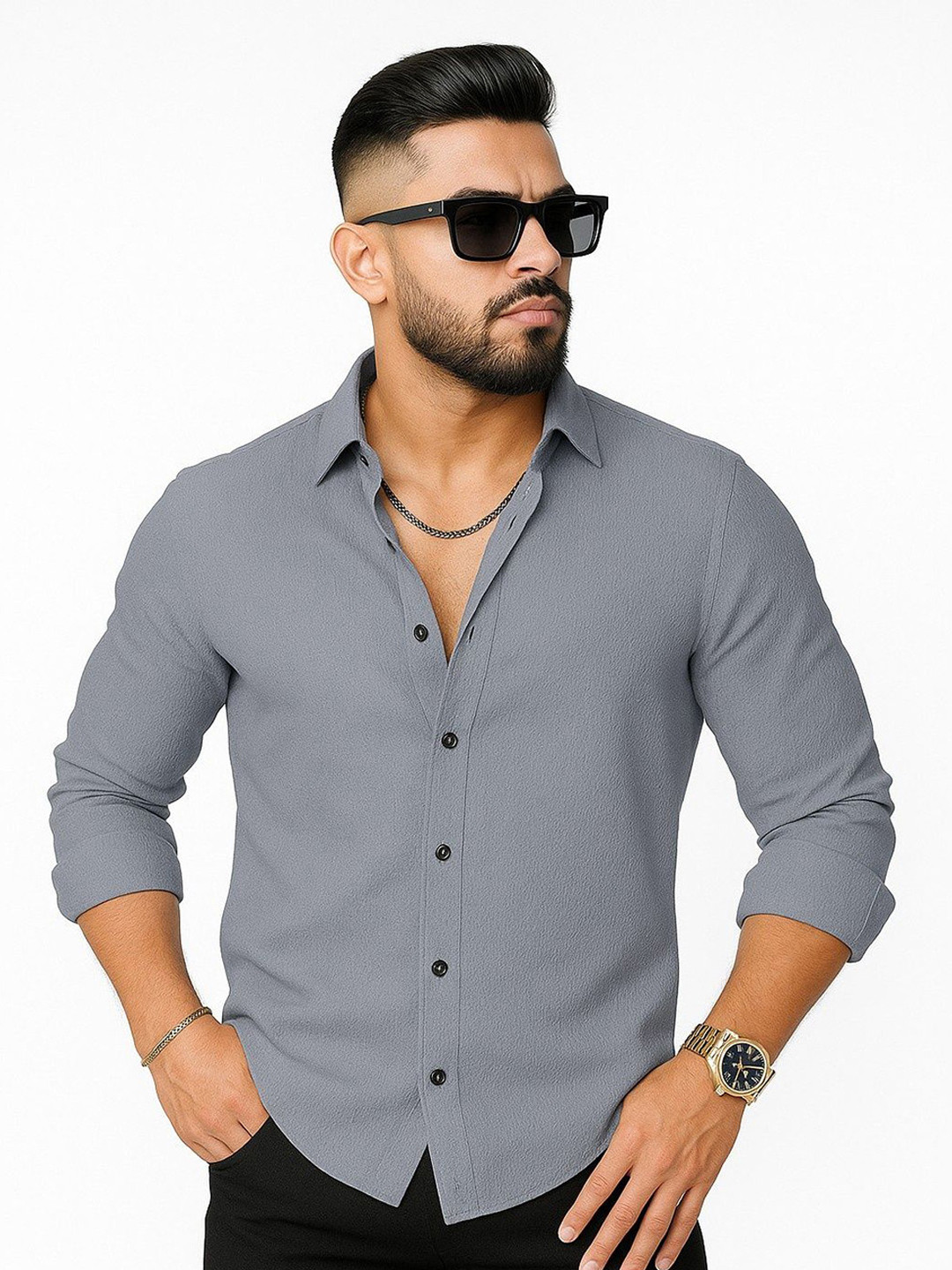KHUSHI CREATION Textured Spread Collar Long Sleeves Crinkled Regular Fit Casual Shirt