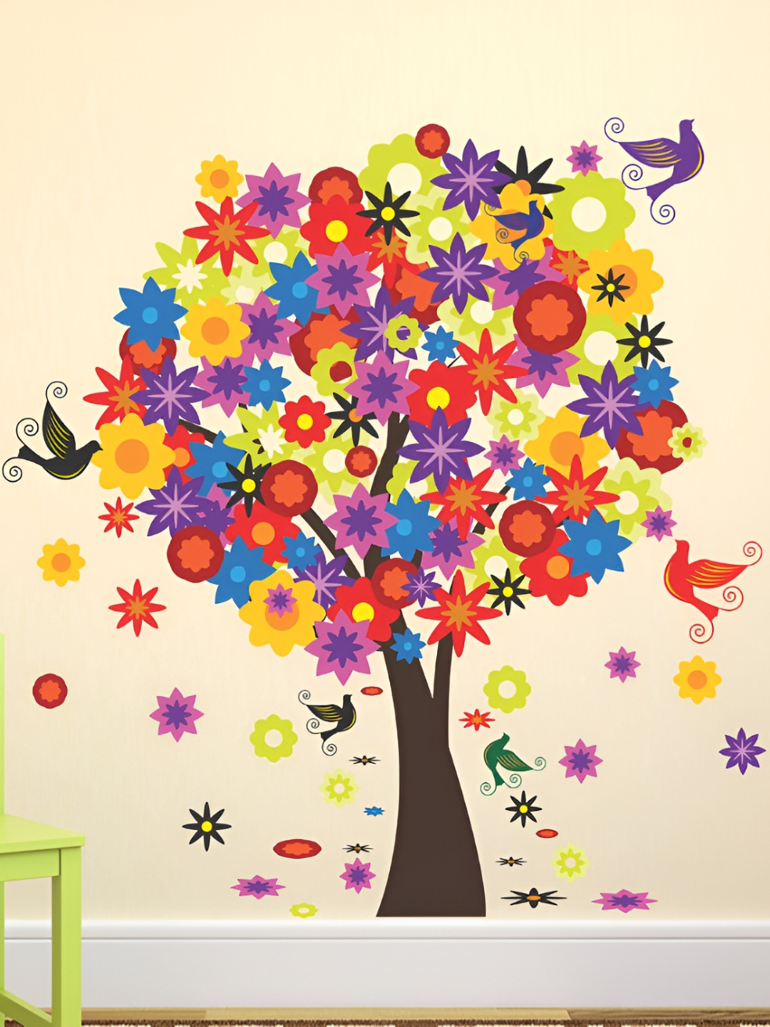 LANSTICK Yellow & Blue Splash-Proof Eco-Friendly Tree With Birds Wallpaper