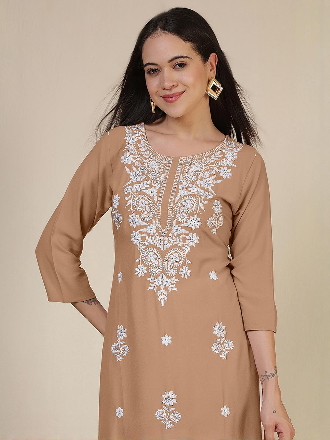 Uparna Women Light Brown Ethnic Motifs Embroidered Chikankari Kurta