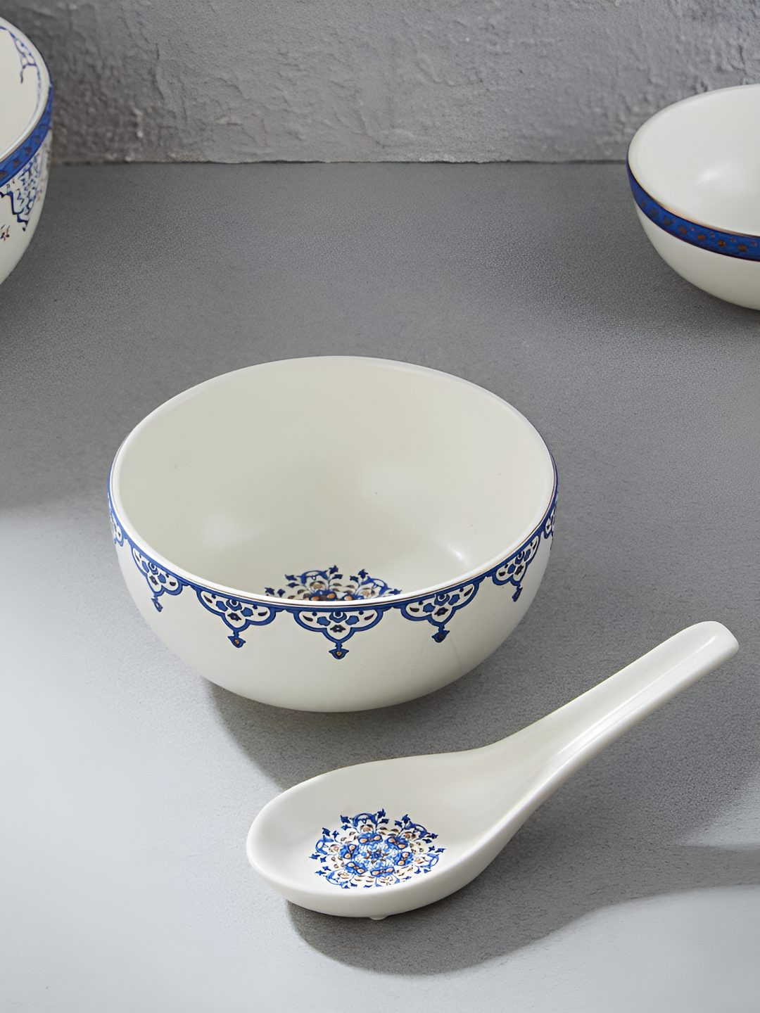 Fabindia Gulmohar White & Blue 2 Pieces Printed Ceramic Soup Bowl With Spoon-280 ml