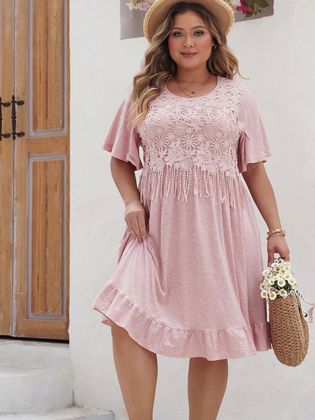 Sztori Women Plus Size Flared Sleeves Crochet Fit and Flare knit Dress