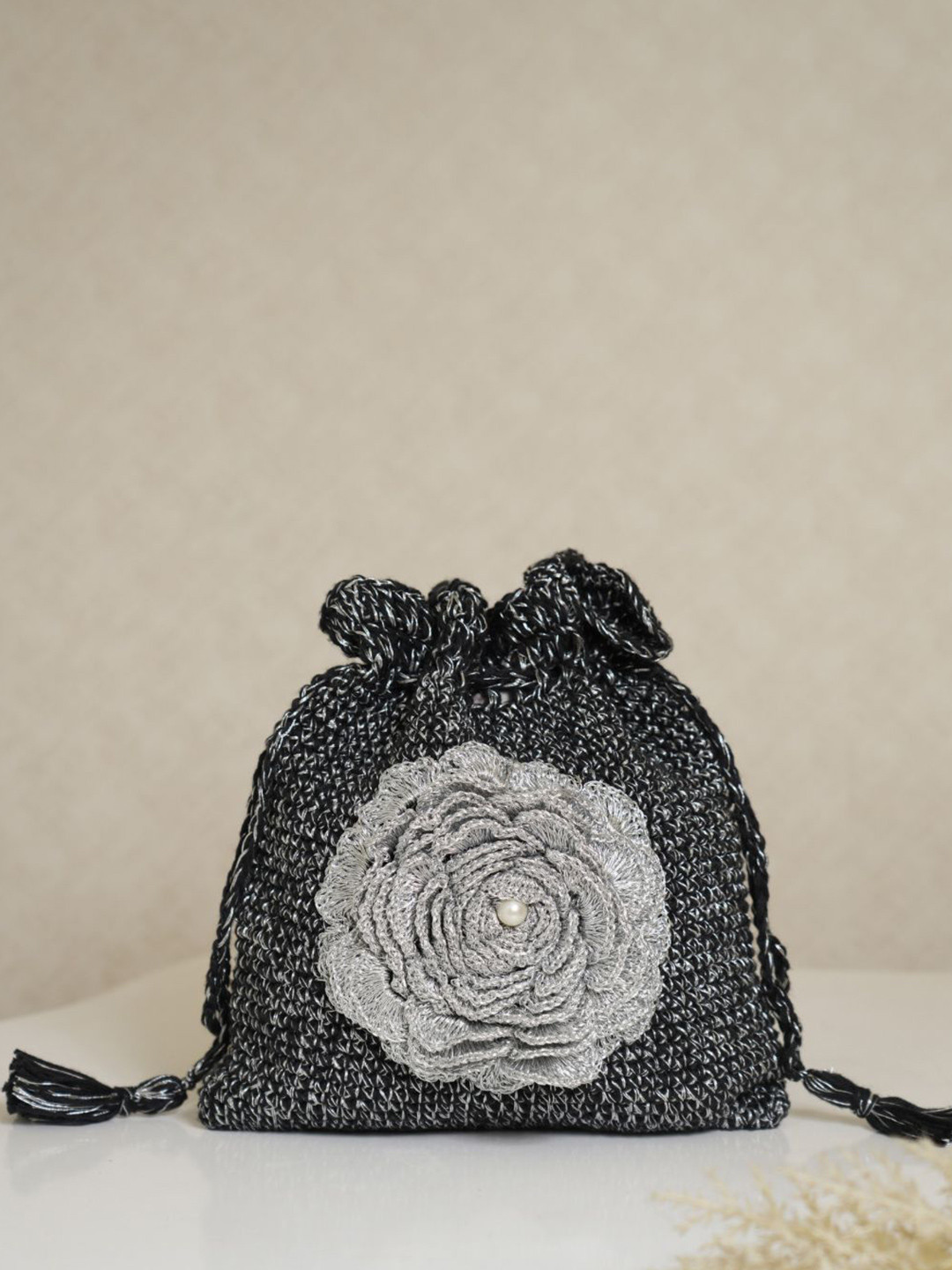 ITIHASIKALA Silver Petal Structured Handheld Cotton Crochet Potli Bag
