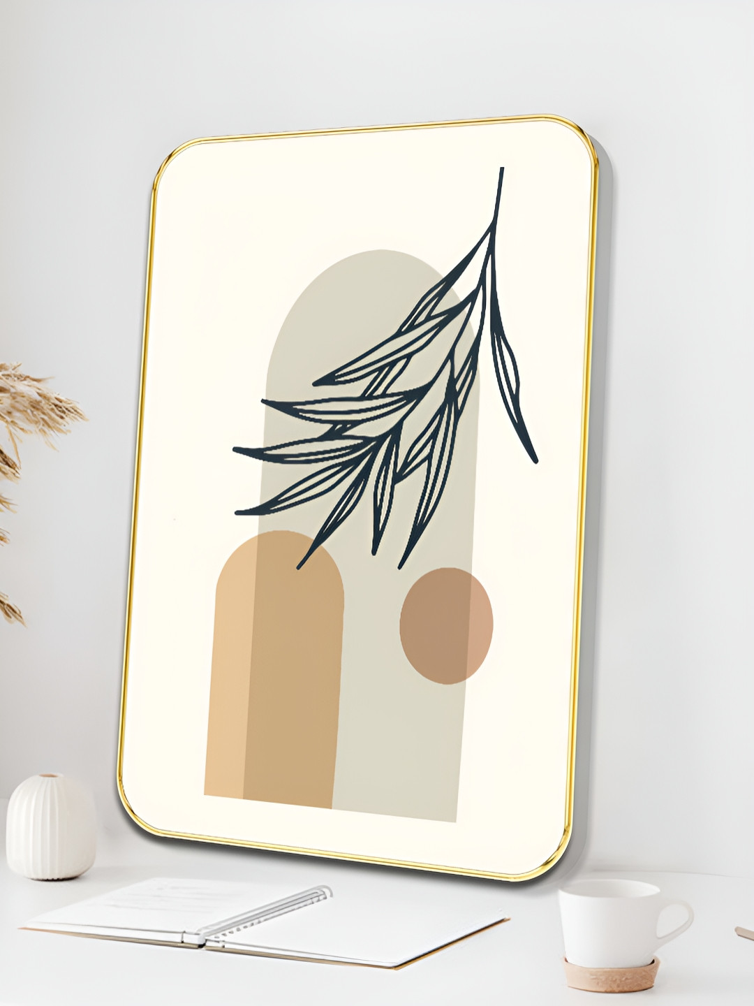 Livin'luxe White & Grey Modern Minimal Leaf Line Rectangle Wall Art