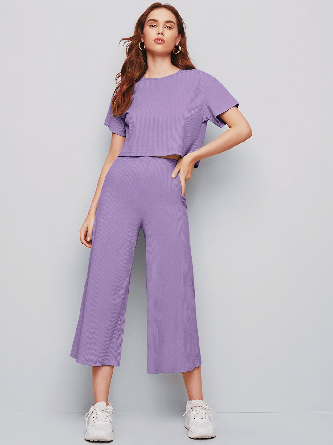 WATAY Round Neck Half Sleeve Crop Top With Trousers Co-Ords