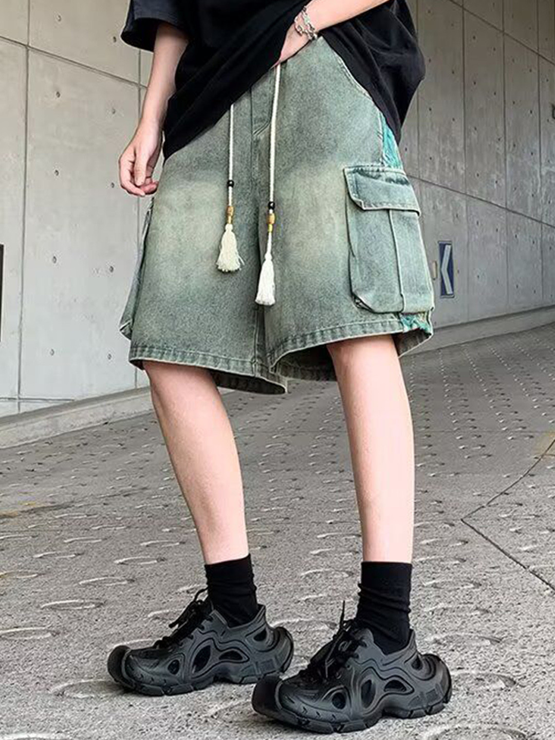 StyleCast x Revolte Men Washed  Side Striped Mid-Rise Cotton Relaxed Fit Cargo Shorts