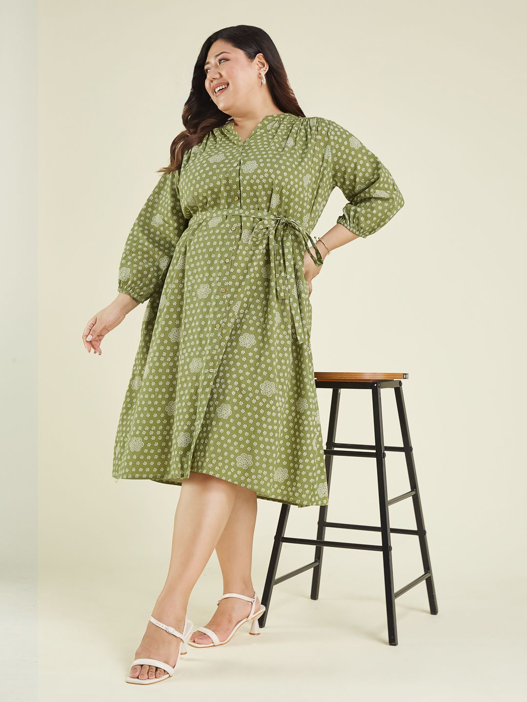 Janasya Women Plus Size Olive Green Floral Print Puff Sleeve Pure Cotton A-Line Midi Dress