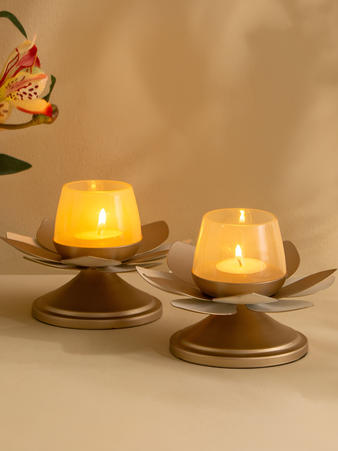 Home Centre Tamaira Kamal Gold-Toned 2 Pieces Metal Lotus Candle Holders
