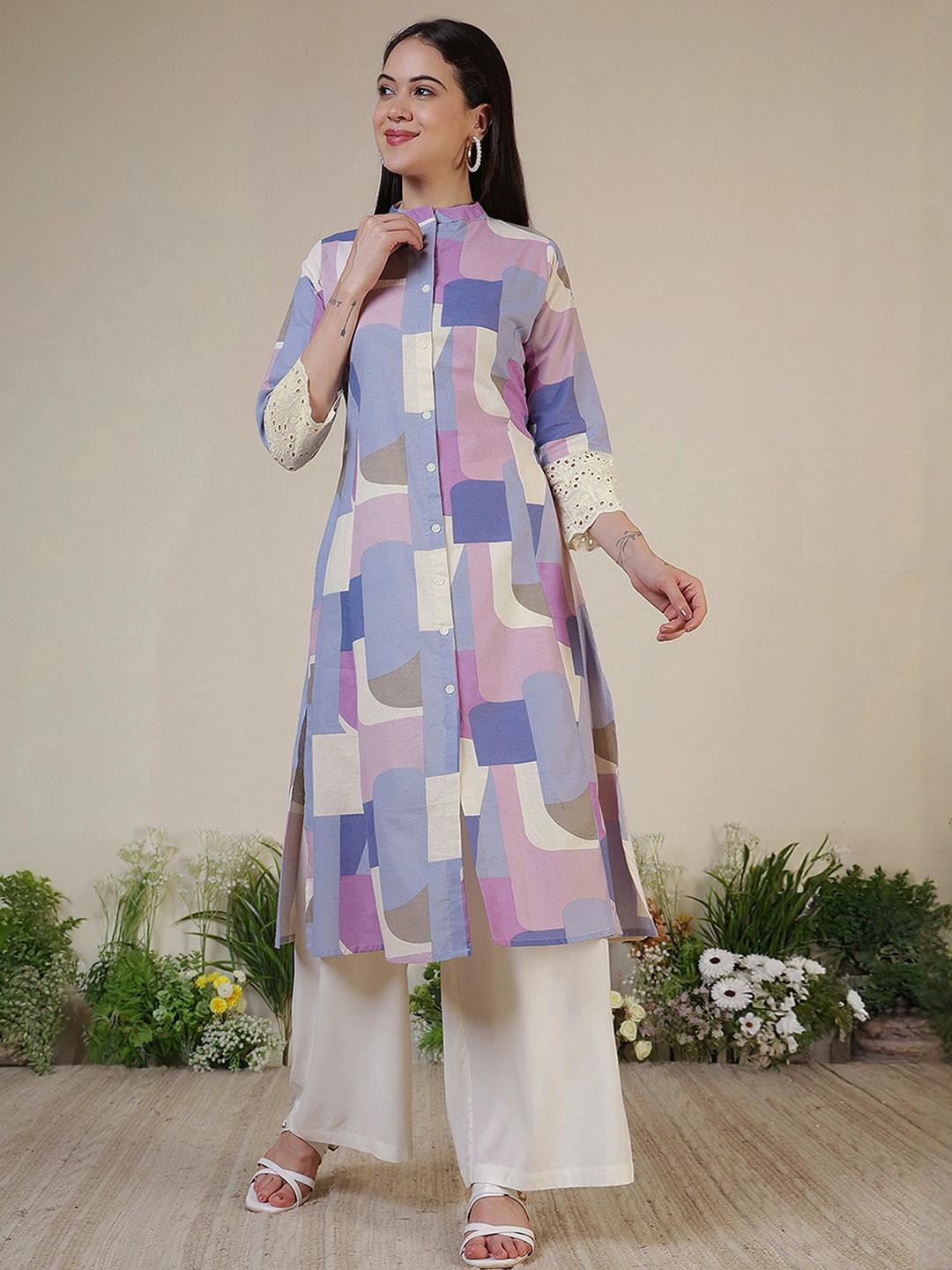 Uparna Women Purple & Lavender Cotton Geometric Printed A-Line Kurta